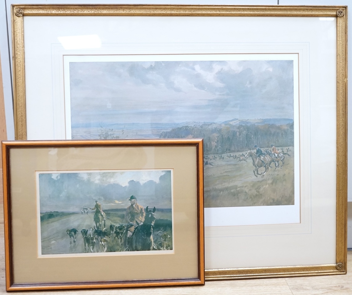 After Lionel Edwards (1878-1966), two hunting scenes with horses and hounds, one signed in pencil to the mount and Fine Art Trade Guild blind stamped, published by Eyre & Spottiswoode Ltd., colour prints, largest 38 x 51